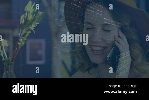 Woman holding smartphone starting finance call, viewing code evolving ...