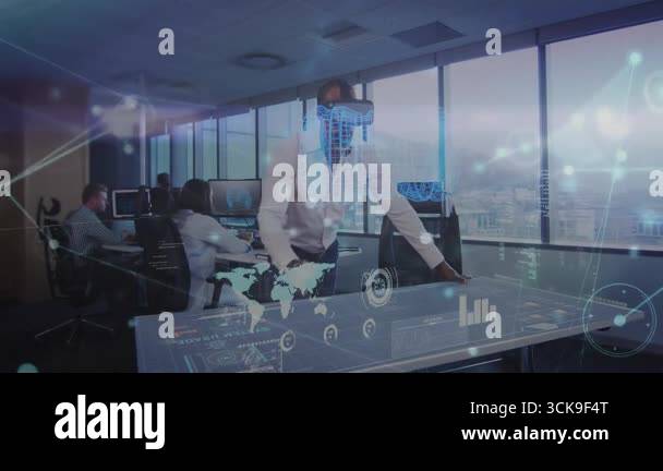 Man with VR headset tapping table and interacting with holographic ...