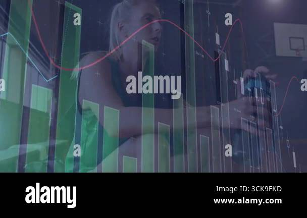 Woman rower leaning after rowing and sipping water as financial charts ...