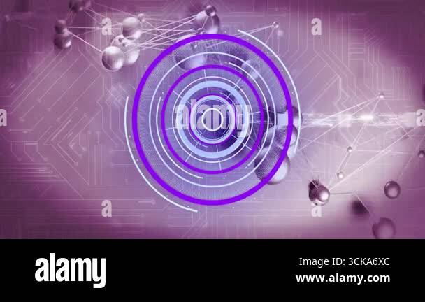 Rings appearing on mauve circuit rotating glowing linking spheres into ...