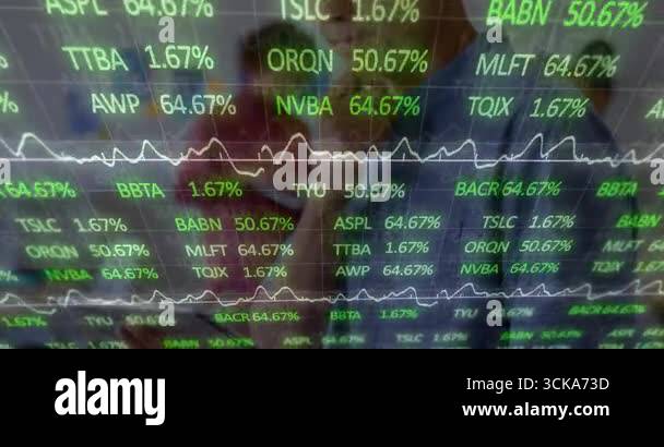 Finance analysts pointing and tapping glass panel causing animated ... image.