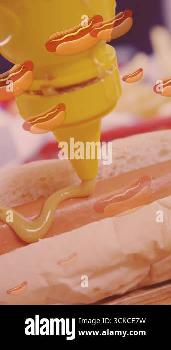 Animation of hot dog icons over hot dogs being prepared. World food day ...