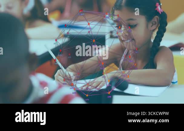 Female student placing pencil on paper and practicing handwriting in ...