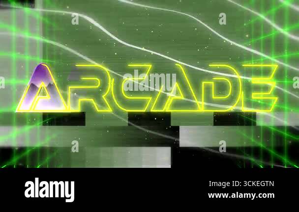 Emerging neon ARCADE text letter by letter on neon grid, triggered by ...