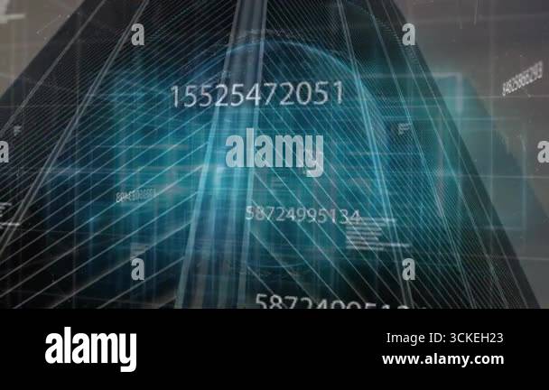 Low-angle glass tower starting wireframe globe fading floating numbers ...