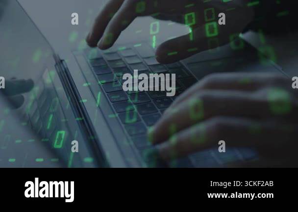 hacker using computer with binary code. hacking and malware concept ...
