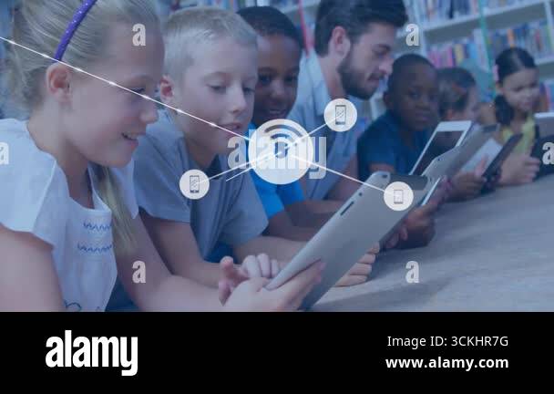 Tap Into Learning Teacher and students tapping library tablets initiating network mesh ...