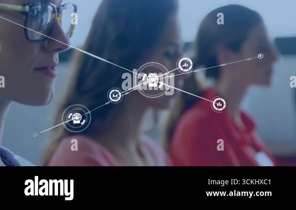 Team watching icon appearing by glasses forming icon network displaying ...