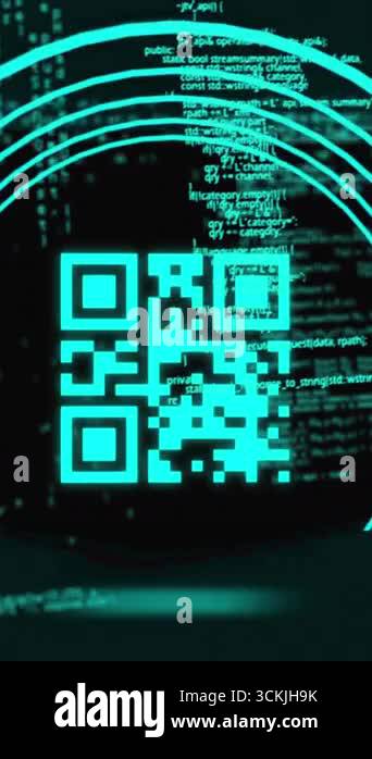 Animation of qr code in illuminated circular tunnel over programming ...