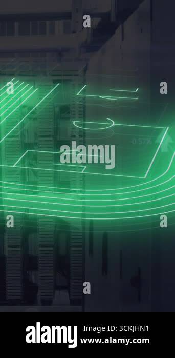 Animation of green neon football stadium and data processing over ...
