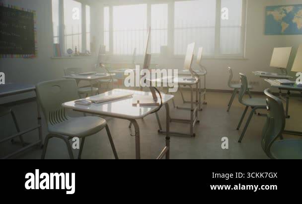 Modern Computer Classroom with White Desks, Chairs and Computer ... image.