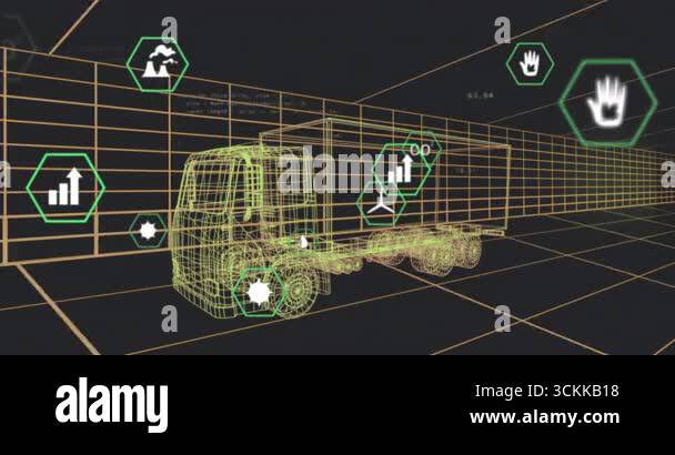 On start wireframe grid fading in wireframe truck with hexagonal icons ...