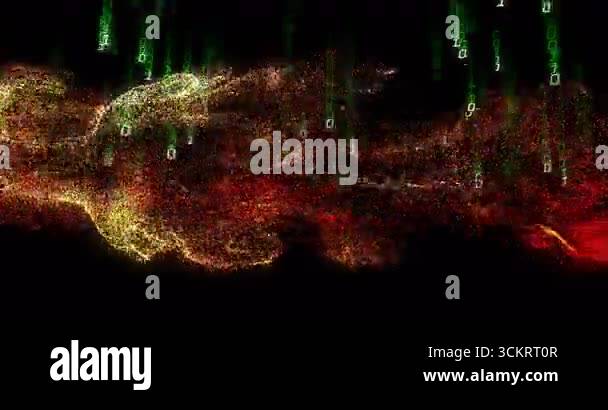 Ribbon emerging from right expanding and weaving through green binary ...