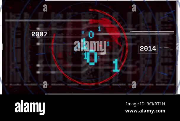 On grid launch, red 3D globe rotating clockwise while timeline labels ...