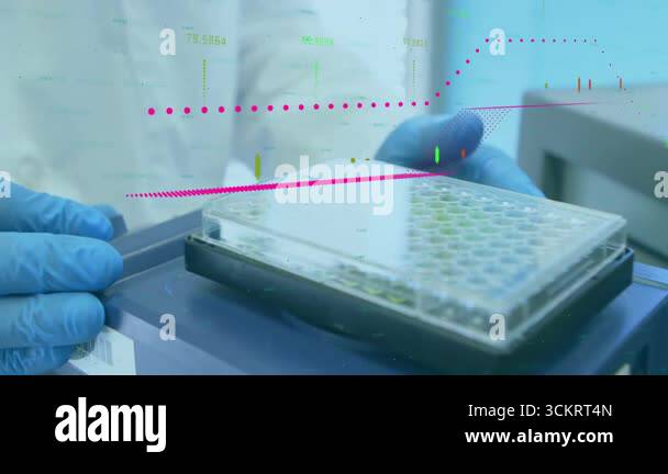 Technician gripping, aligning plate into reader, generating data ...