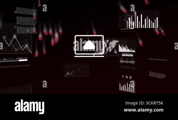 On binary cascading, laptop icon fading, bar chart rising, pie chart ...