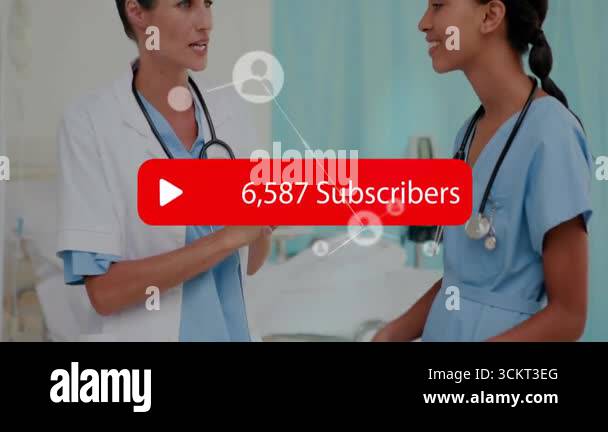 Doctor speaking with nurse by bed activating node icons tracking rising ...