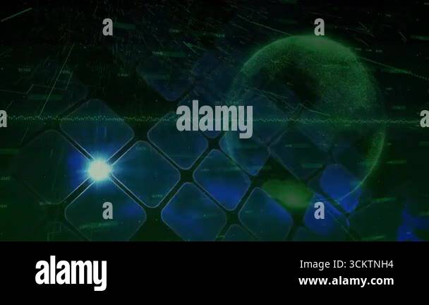 Dark digital space initiating blue square cluster rotating around green ...