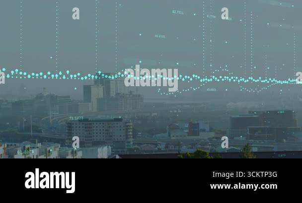 Base glowing points appearing starting teal graph rising above hazy ...
