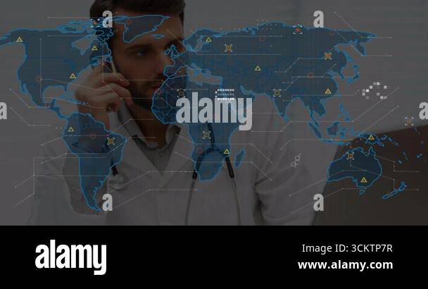 Doctor lifting smartphone and activating medical map overlay tracking ...
