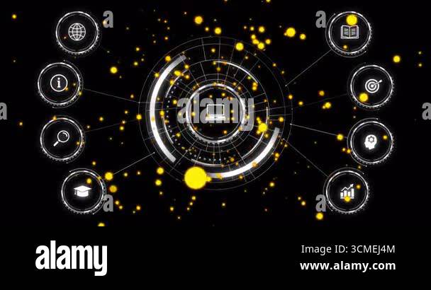 HUD fading in, rings rotating, extending lines to icons as particles ...