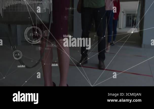 Camera pulling back showing four masked users on red markers, scrolling ...