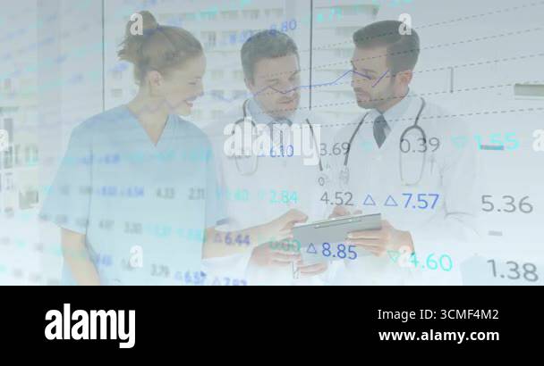 Doctor presenting tablet nurse tapping line chart overlays and doctors ...