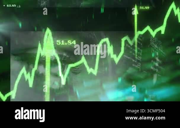 Opening dark interface, green chart scrolling and peaking with arrows ...