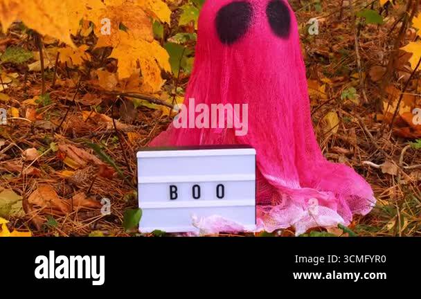 Creative handmade Halloween holiday decoration. pink ghost with ...