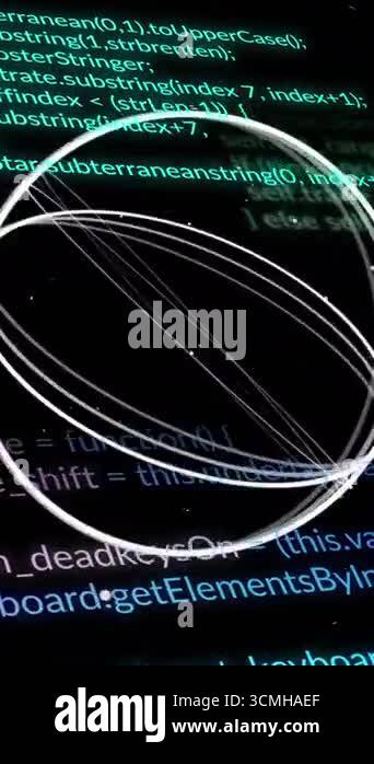 Animation of moving circles over computer language against black ...