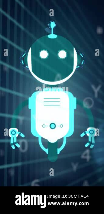 Robot animation over digital icons and binary coding background ...