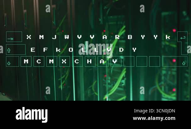 Translucent wireframe keyboard fading into data center bay pulsing keys ...