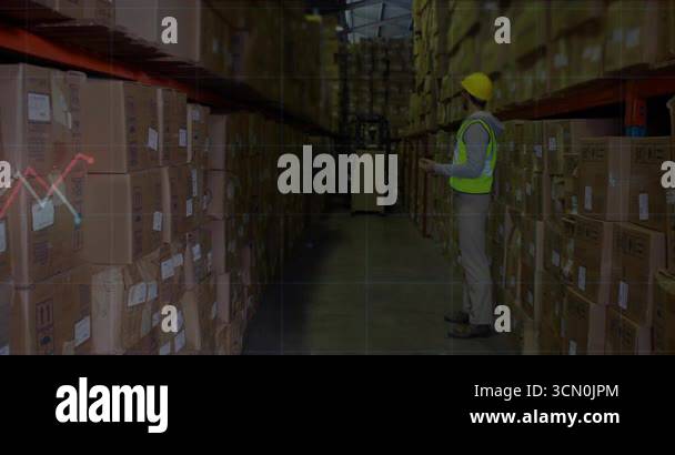 worker tapping tablet triggers animated chart overlay and monitoring ...