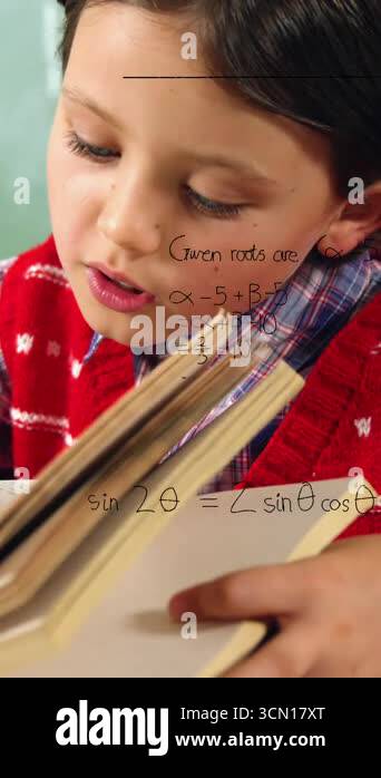 Animation of math formulas over focused caucasian boy learning at ...