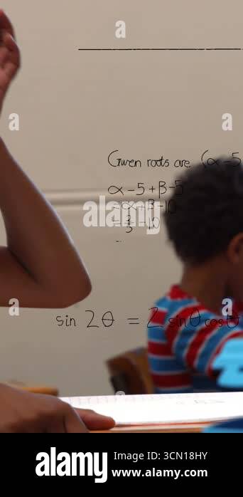 Animation of math formulas over african american children learning at ...