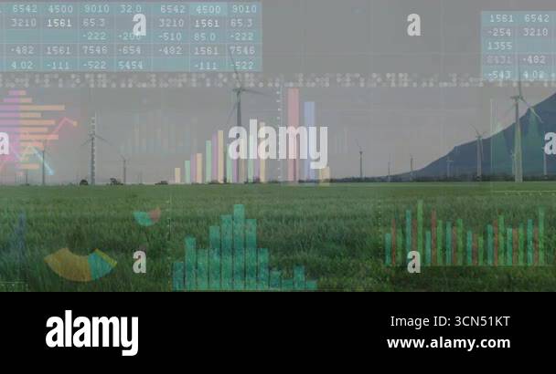 Data grid appearing above turbines bars rising histogram pulsing ...