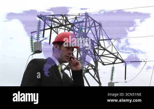 Receiving call, engineer talking on phone at tower while animated power ...