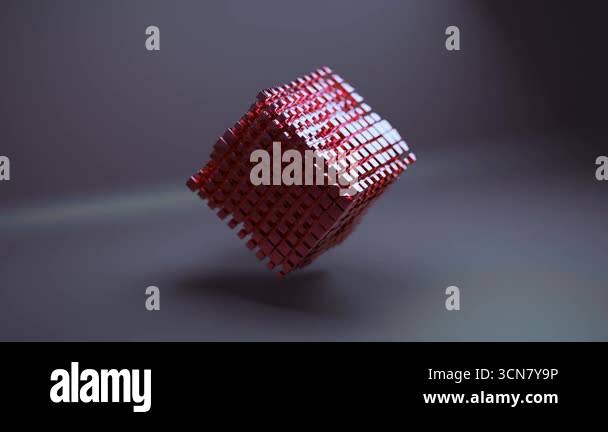 Abstract 3D animation showcasing a vibrant red cube made of numerous ...