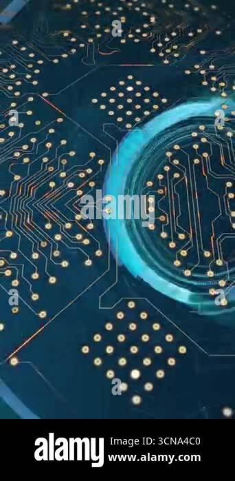 Rotating circuit board and data processing animation over blue digital ...