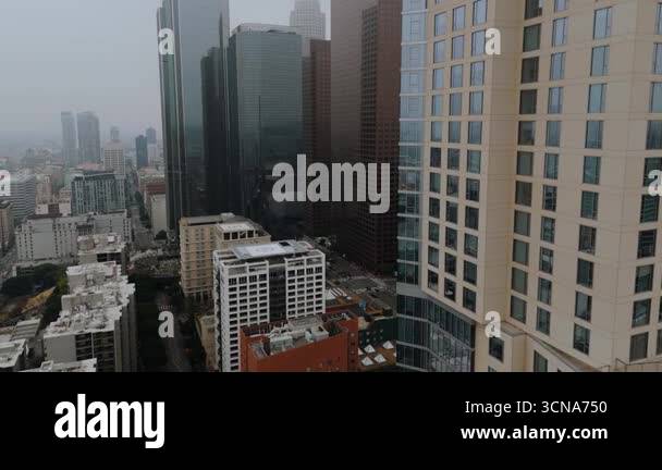 Drone footage captures the dense skyline of downtown Los Angeles ...