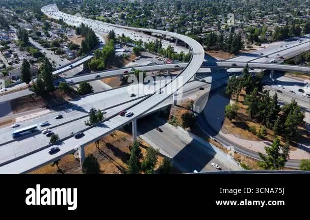 Aerial view of a major freeway interchange in Los Angeles, California ...