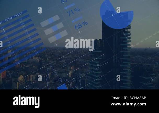 Image showcasing Opening aerial pan revealing skyscraper panning left with data table ...