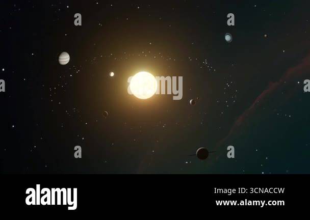 Our solar system featuring the bright sun and numerous planets orbiting ...