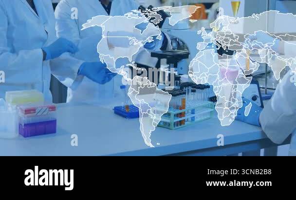 World map fading over lab driving scientists pipetting, mixing and ...