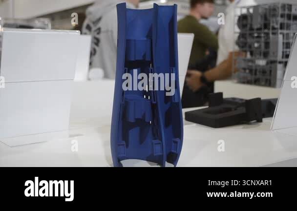 Object printed on 3D printer from molten plastic powder close-up. Model ...
