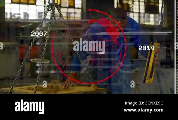 Workshop Loading Workshop worker pressing pendant and lifting load with globe timeline ...