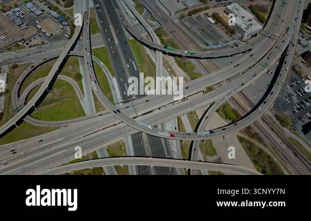 Aerial birds eye overhead top down view of large and complex multilane ...