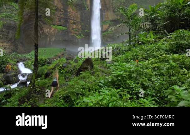 Woman walking through lush jungle path toward scenic waterfall in East ...