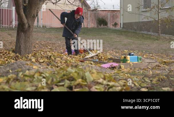 Boy Rakes Leaves in Backyard. Cold Autumn Weather Slow motion 4K 10-bit ...