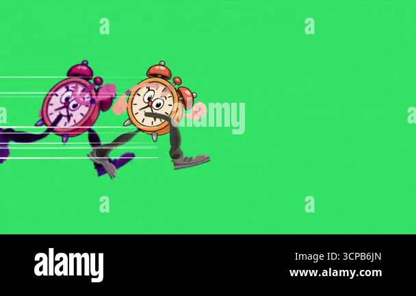 Two animated alarm clocks are running quickly across a green screen ...